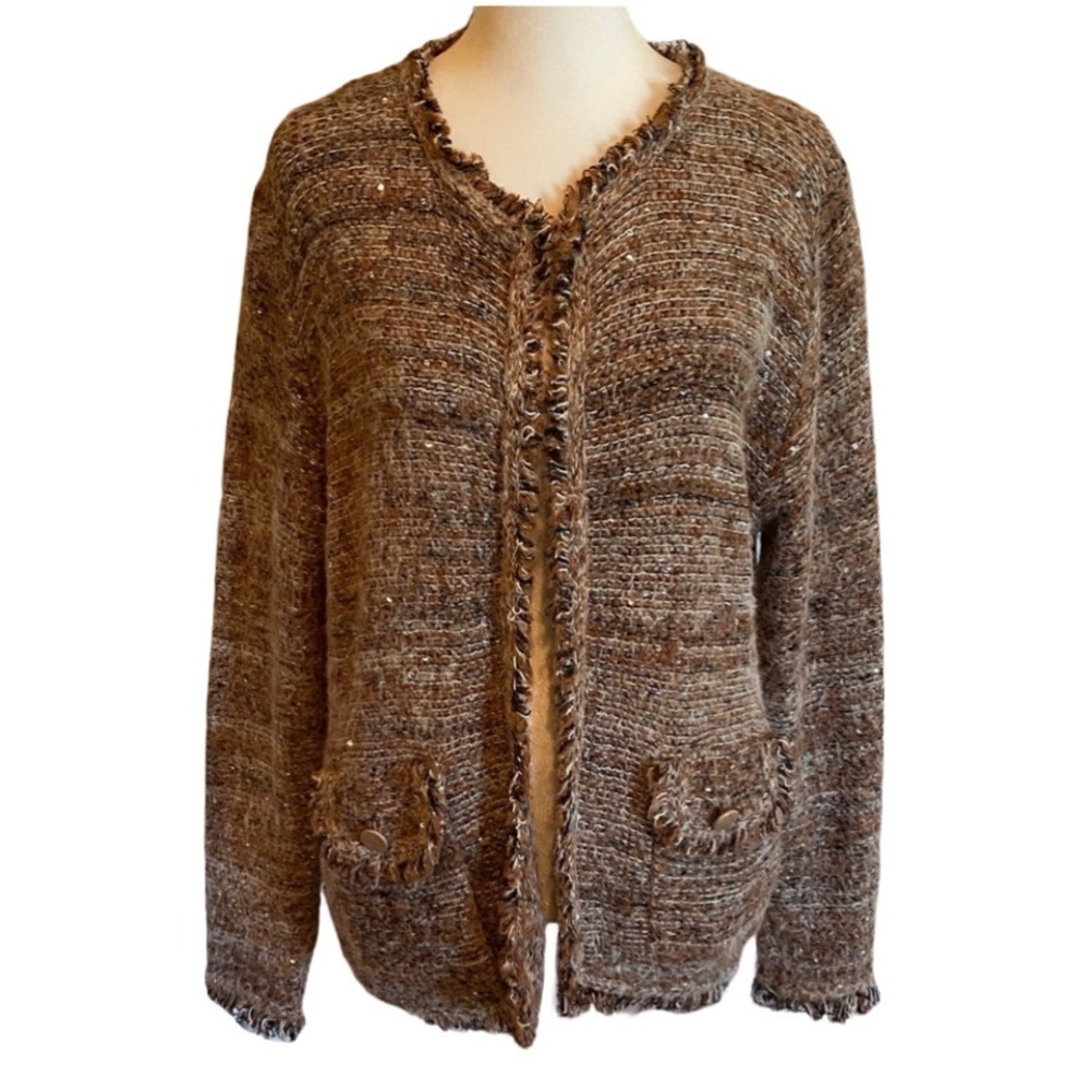 Sioni Brown Tweed Brown Knit Open Front Cardigan. Subtle Sequins. Sz L. Sparkle.